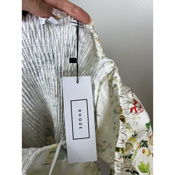 NEW Rhode Astrid Smocked Printed Dress Size L Puff Sleeve Picnic White Pleat - Picture 10 of 12